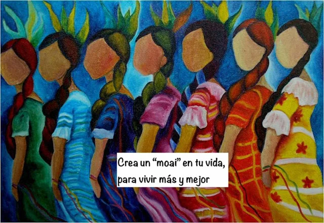 Pintura colorida de un grupo de mujeres en fila, ilustración de un moai