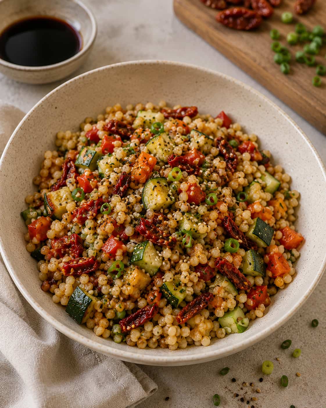 Cous cous de cebada con verduritas y tomate seco regado con salsa de soja