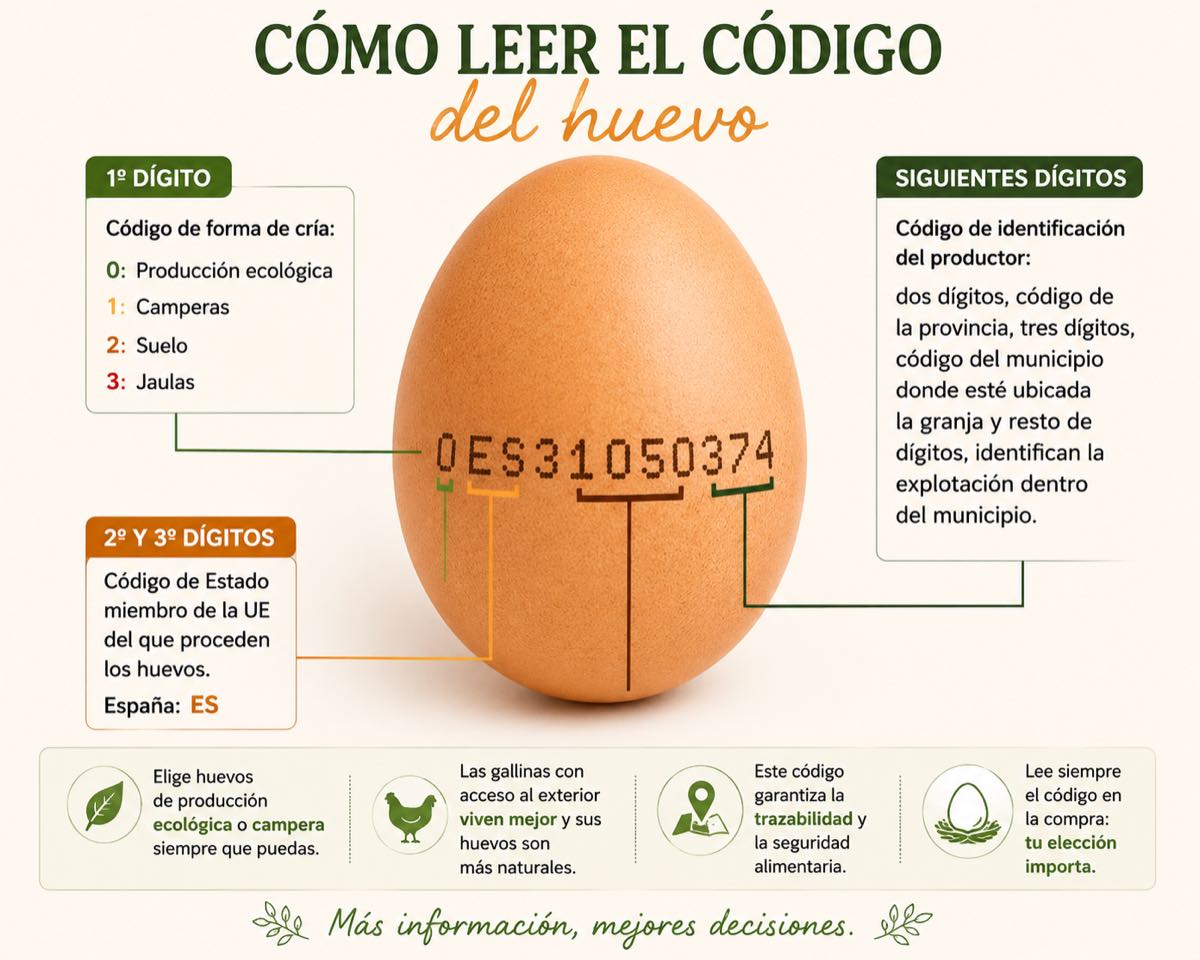 Infografía Cómo leer el código del huevo: 0 ecológico, 1 campero, 2 suelo, 3 jaula