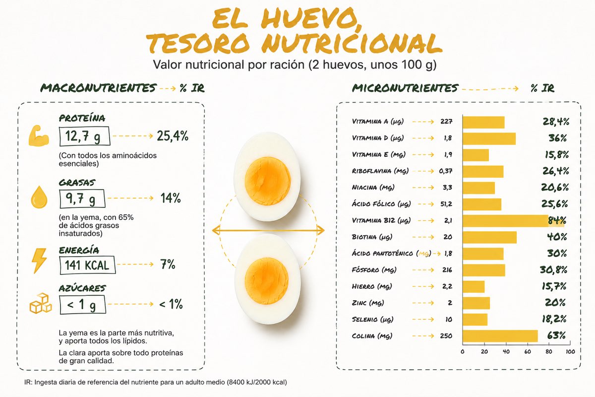 Infografía del valor nutricional del huevo: macronutrientes y micronutrientes por ración