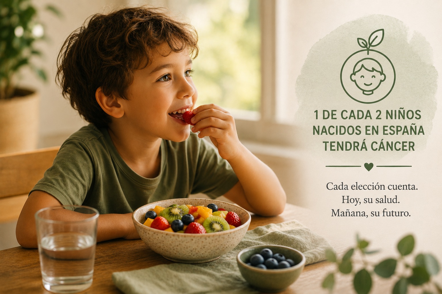 Niño comiendo un cuenco de fruta fresca, con un mensaje sobre prevención del cáncer infantil