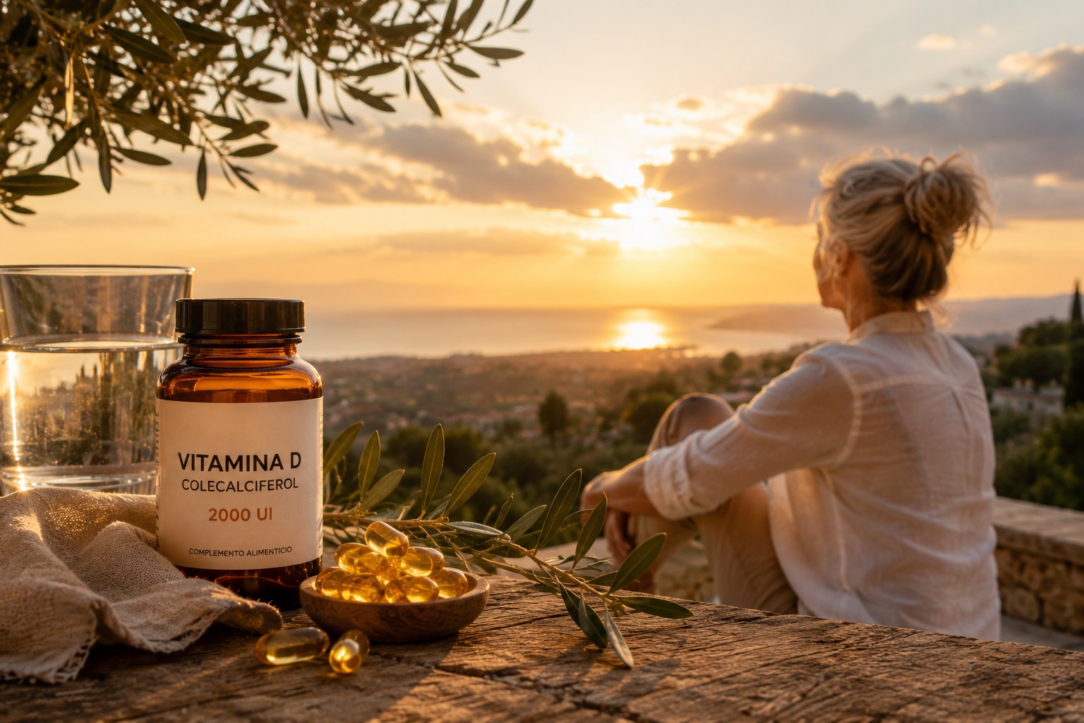 Bote de vitamina D con cápsulas y una mujer contemplando el sol al atardecer sobre la costa