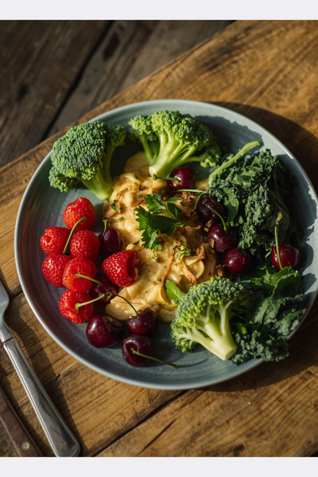 Plato con verduras de hoja verde, frutos rojos y semillas. Alimentación para subir defensas con cáncer. Dra. Odile Fernández.