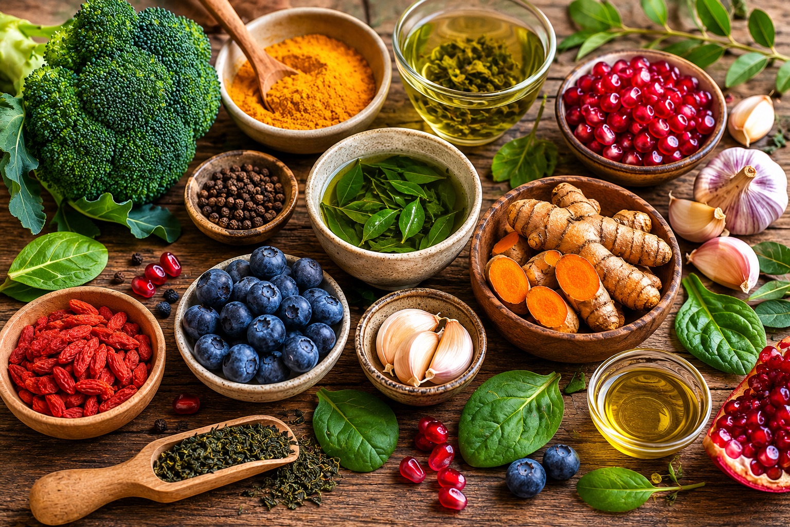 Variedad de alimentos anticáncer: brócoli, cúrcuma, té verde, granada, arándanos, ajo, jengibre y aceite de oliva