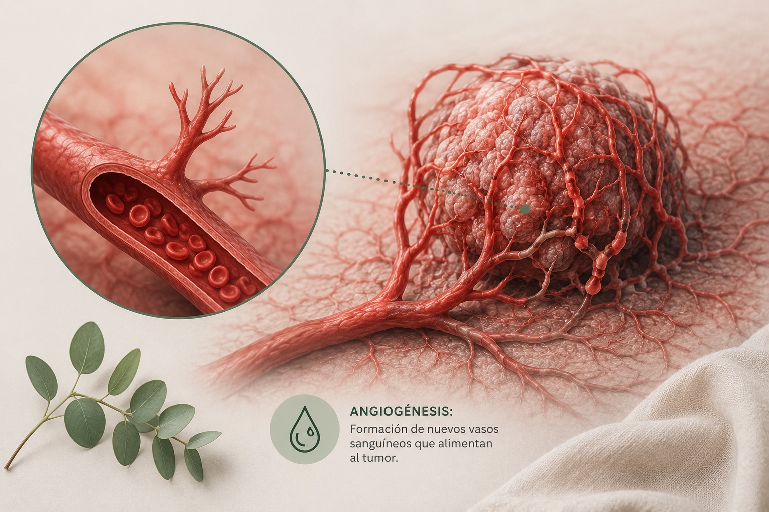 Ilustración médica de angiogénesis tumoral: nuevos vasos sanguíneos que alimentan a un tumor, con detalle de un vaso