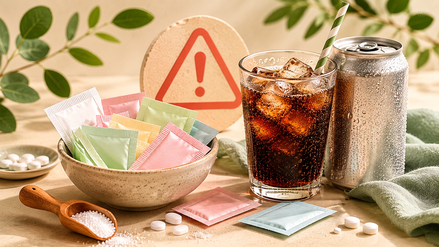 Sobres y pastillas de edulcorante artificial junto a un vaso de cola y una lata, con una señal de alerta