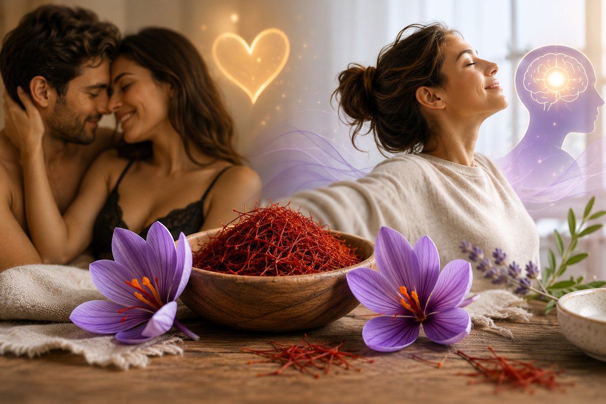Azafrán en hebras y flores de Crocus sativus, junto a una pareja y una mujer relajada — libido y estado de ánimo