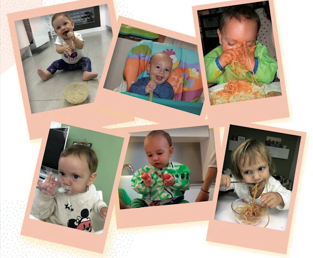 Collage de bebés practicando Baby Led Weaning, comiendo solos trozos de comida y espaguetis