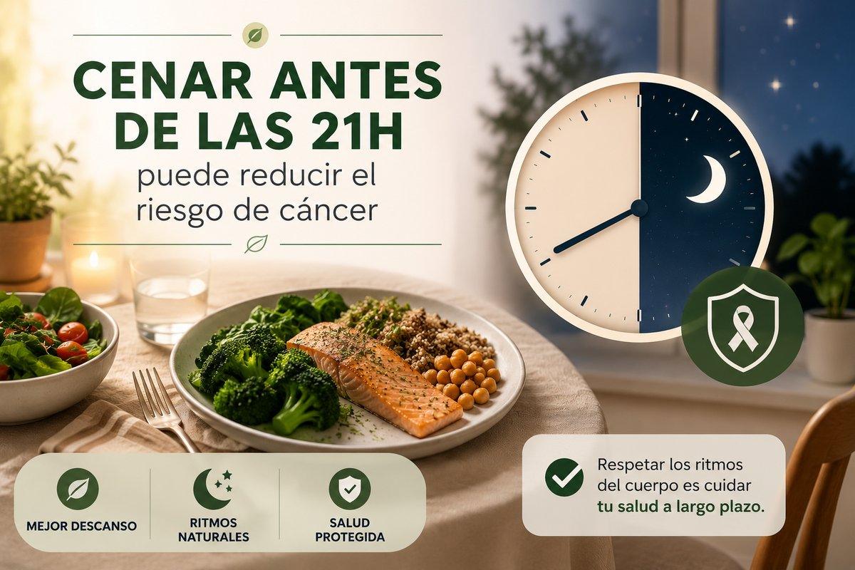 Cena saludable temprana con salmón, brócoli y verduras junto a un reloj día-noche — crononutrición y prevención del cáncer