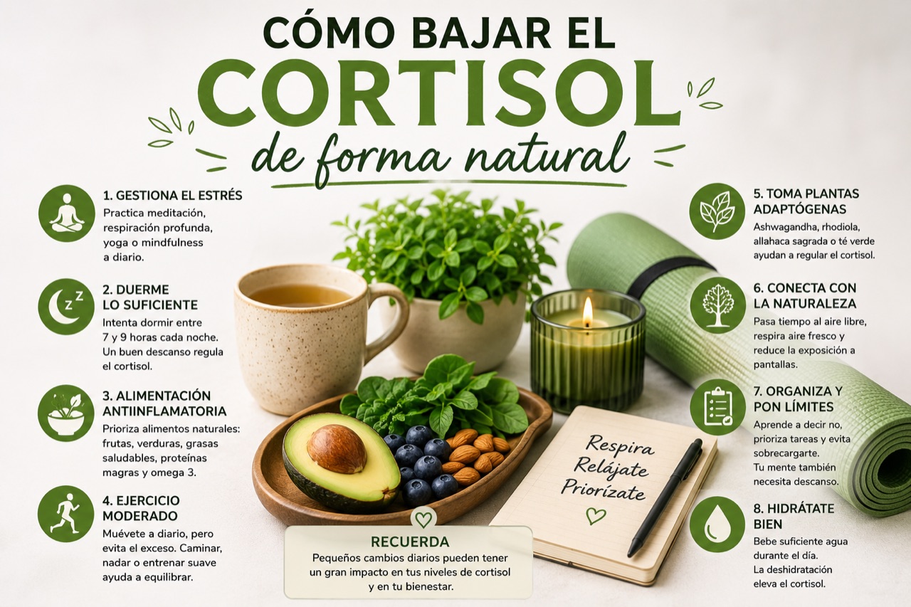 Infografía con 8 claves para bajar el cortisol de forma natural: gestionar el estrés, dormir lo suficiente, alimentación antiinflamatoria, ejercicio moderado, plantas adaptógenas como la ashwagandha, conectar con la naturaleza, organizarse y poner límites, e hidratarse bien.
