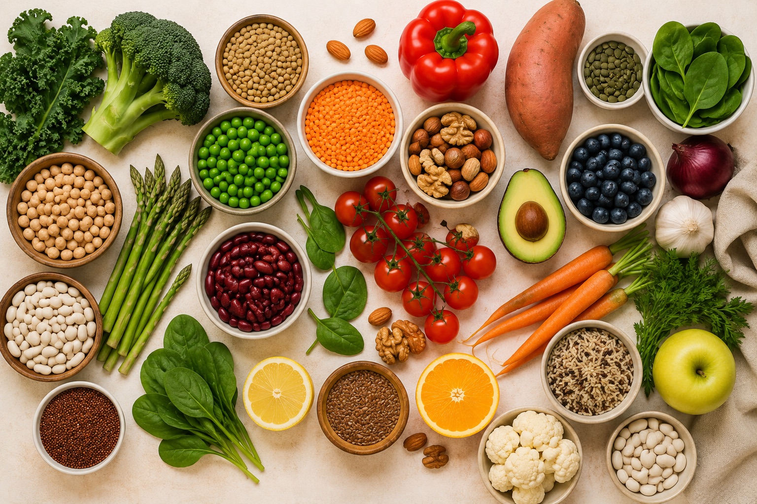 Verduras, legumbres, fruta, frutos secos y semillas variados sobre fondo claro