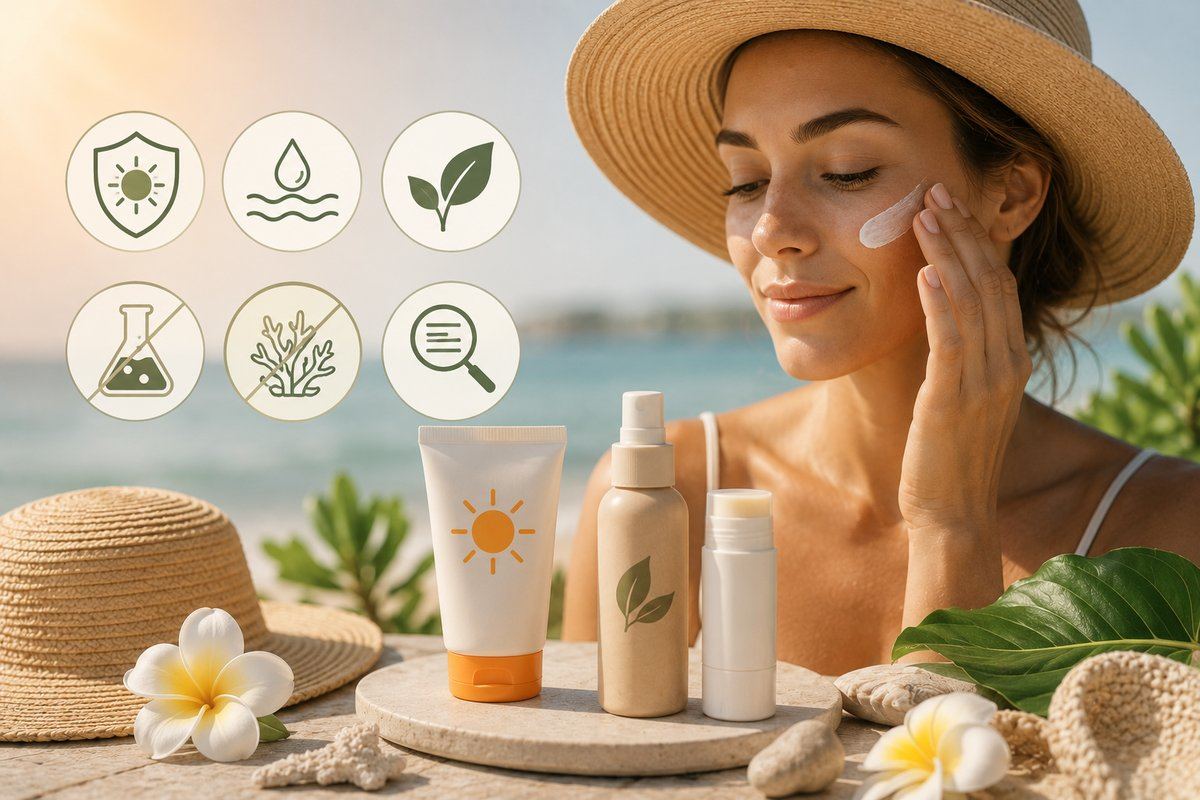 Mujer con sombrero aplicándose fotoprotector en la playa, junto a cremas solares e iconos de protección segura