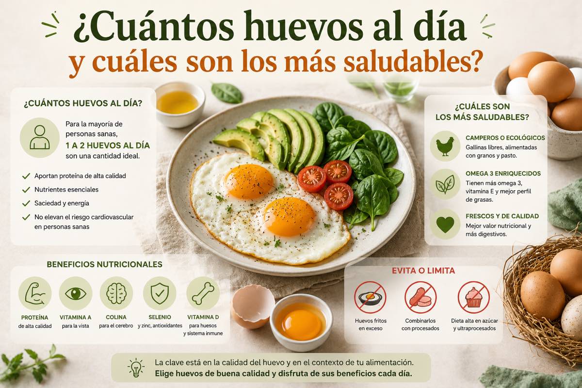 Infografía sobre cuántos huevos comer al día y cuáles son los más saludables, con huevos fritos y verduras