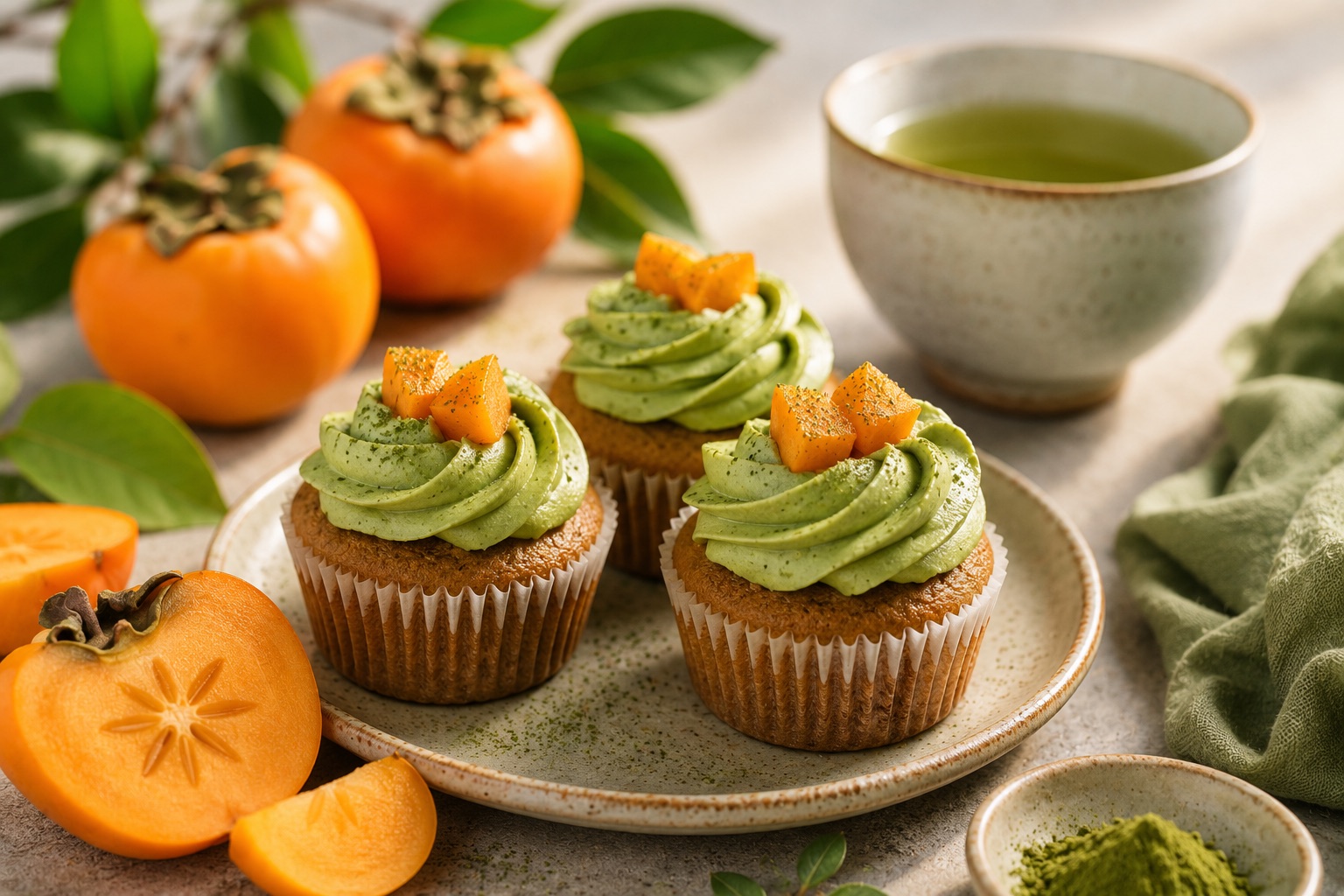 Cupcakes con cobertura de té verde y trozos de caqui, junto a caquis y una taza de té verde