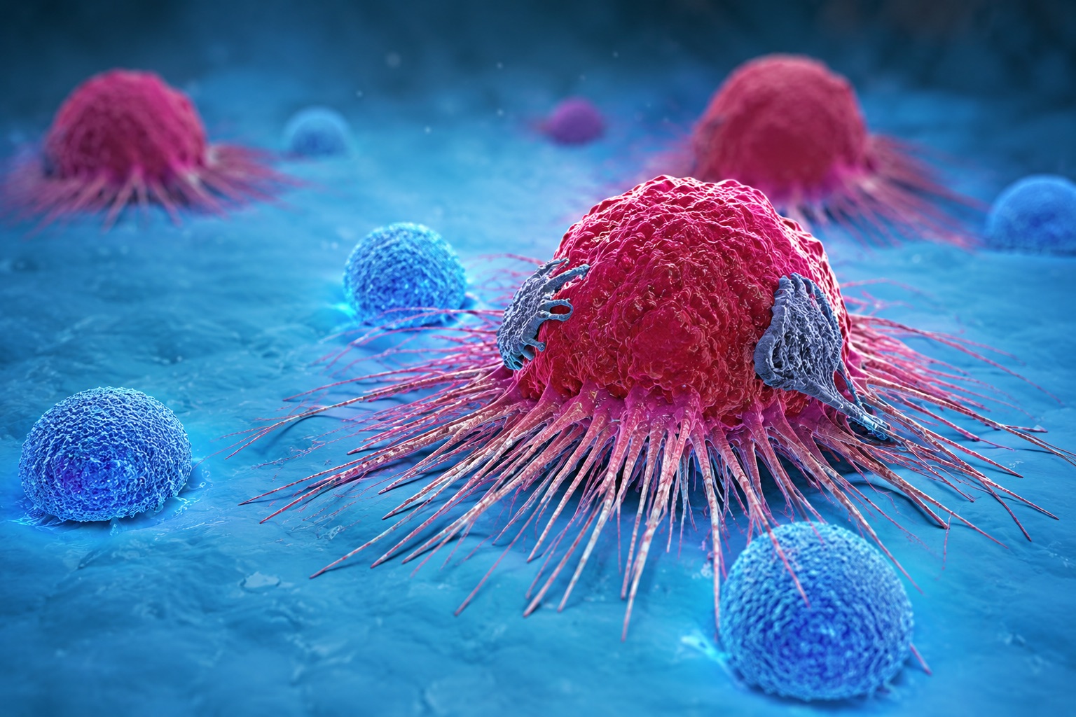 Ilustración científica 3D de células de cáncer en rojo rodeadas de células del sistema inmune en azul