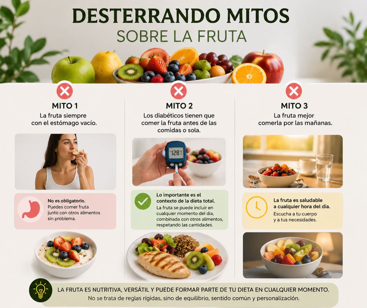 Infografía Desterrando mitos sobre la fruta — 3 mitos: comerla en ayunas, los diabéticos sola y solo por la mañana