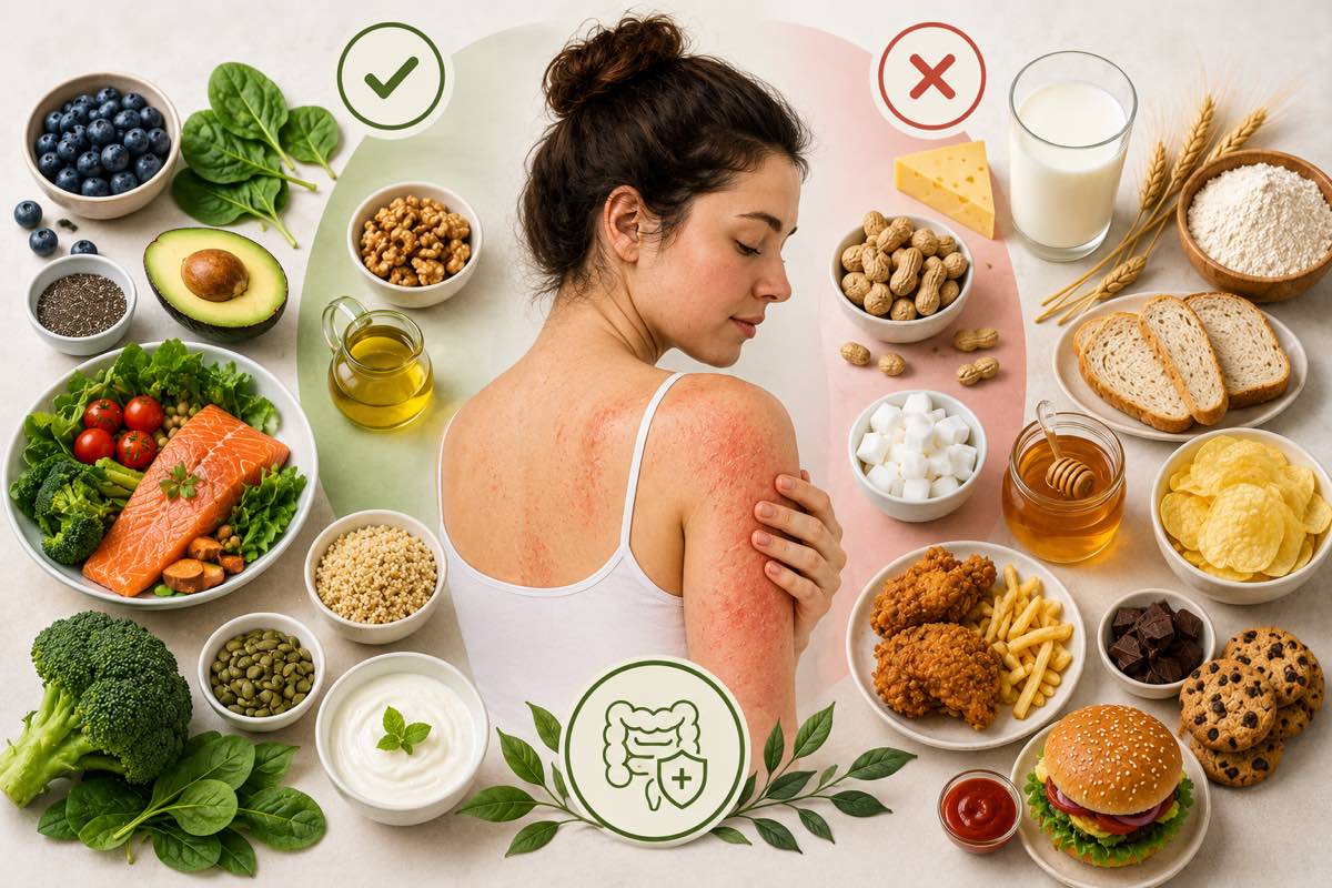 Mujer con la piel irritada por dermatitis junto a alimentos recomendados y alimentos a evitar