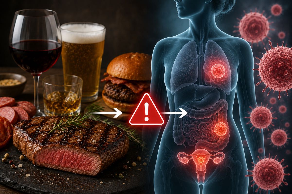 Carne roja a la brasa y bebidas alcohólicas junto a una figura humana con varios tumores señalados