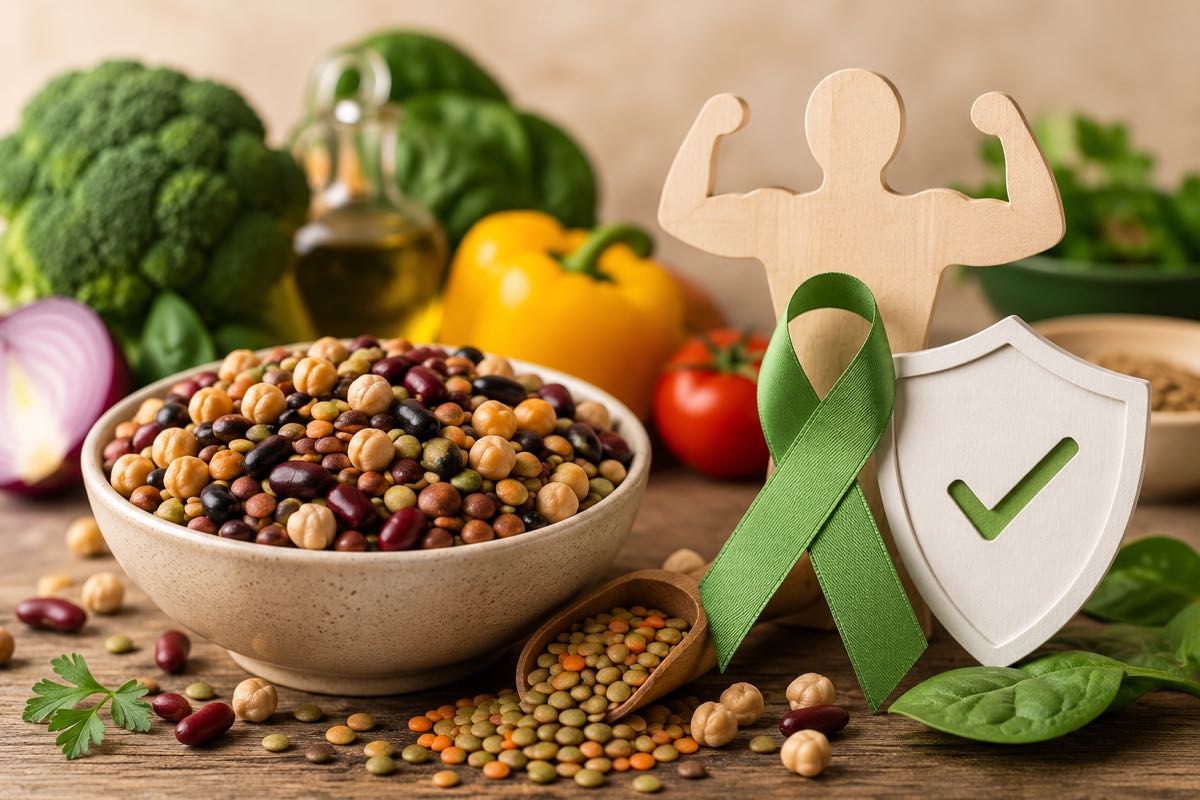 Cuenco de legumbres variadas con verduras, aceite de oliva y un lazo verde anticáncer