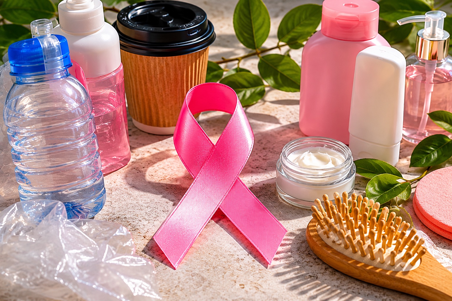 Lazo rosa rodeado de productos cotidianos (botellas de plástico, cosméticos y cremas) con posibles disruptores químicos