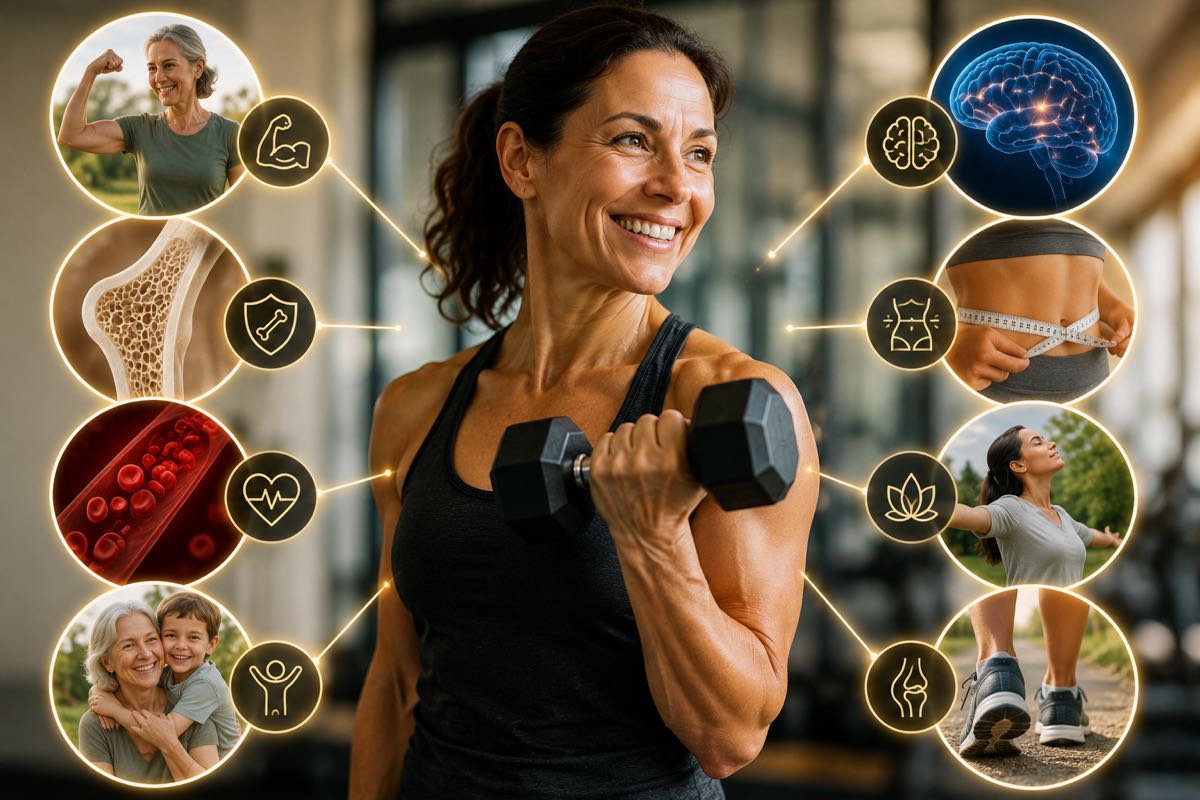 Mujer entrenando fuerza con una mancuerna, rodeada de iconos de beneficios para músculos, huesos, corazón y mente