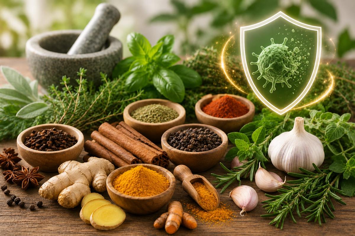 Especias y aromáticas anticáncer — cúrcuma, jengibre, canela, clavo, pimienta y hierbas frescas
