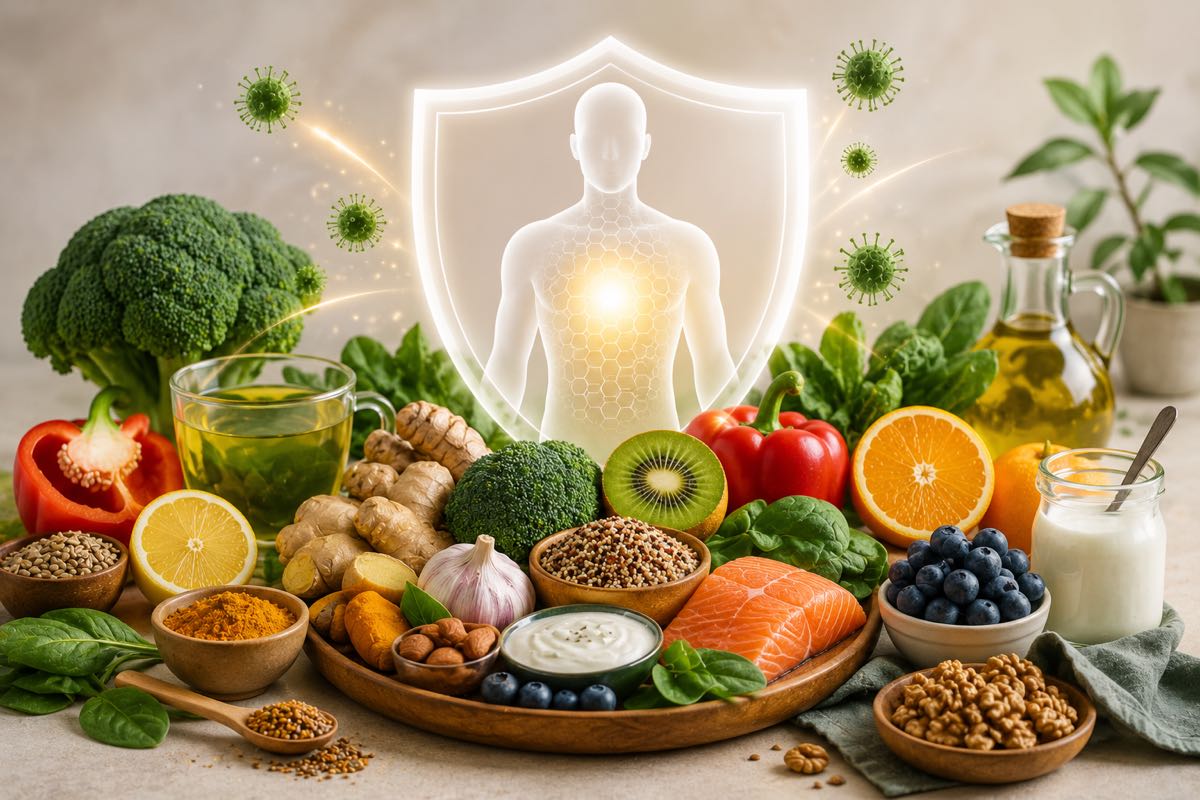 Alimentos que refuerzan las defensas —verduras, cítricos, ajo, jengibre, salmón, frutos rojos y yogur— con un escudo protector