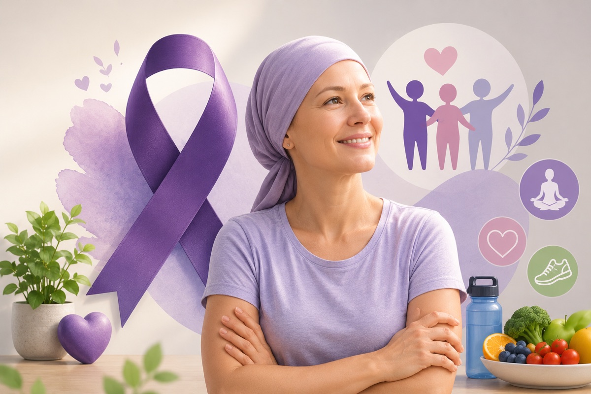 Mujer sonriente con pañuelo en la cabeza y brazos cruzados, rodeada de un lazo morado e iconos de ejercicio, alimentación y apoyo emocional
