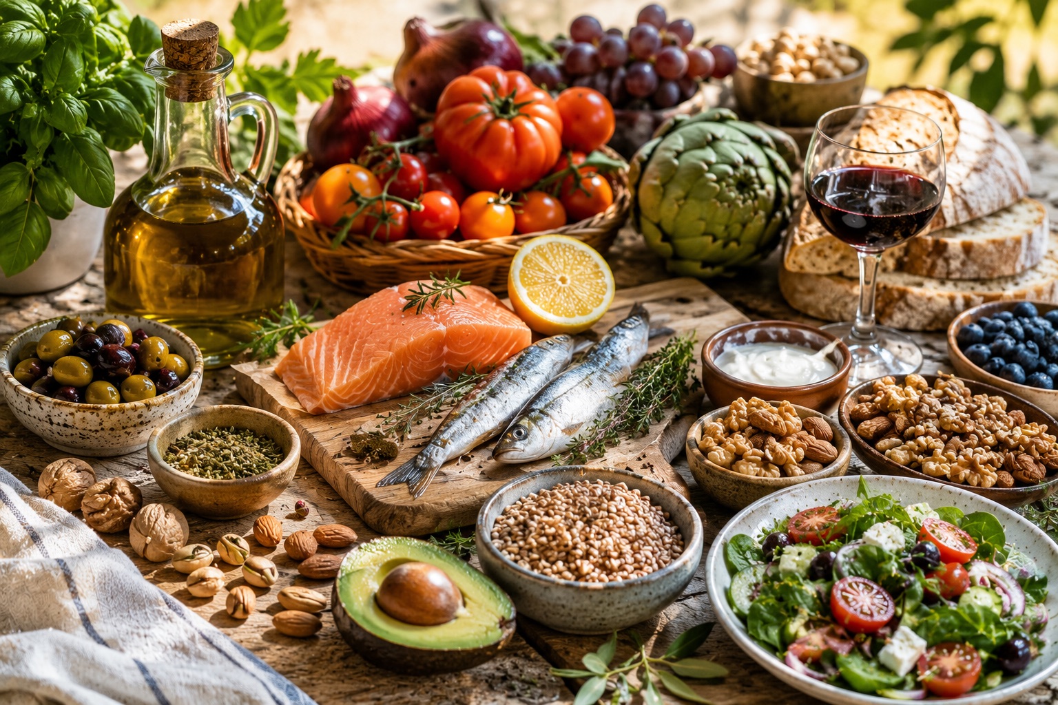 Bodegón de dieta mediterránea: aceite de oliva, pescado, verduras, legumbres, frutos secos y fruta