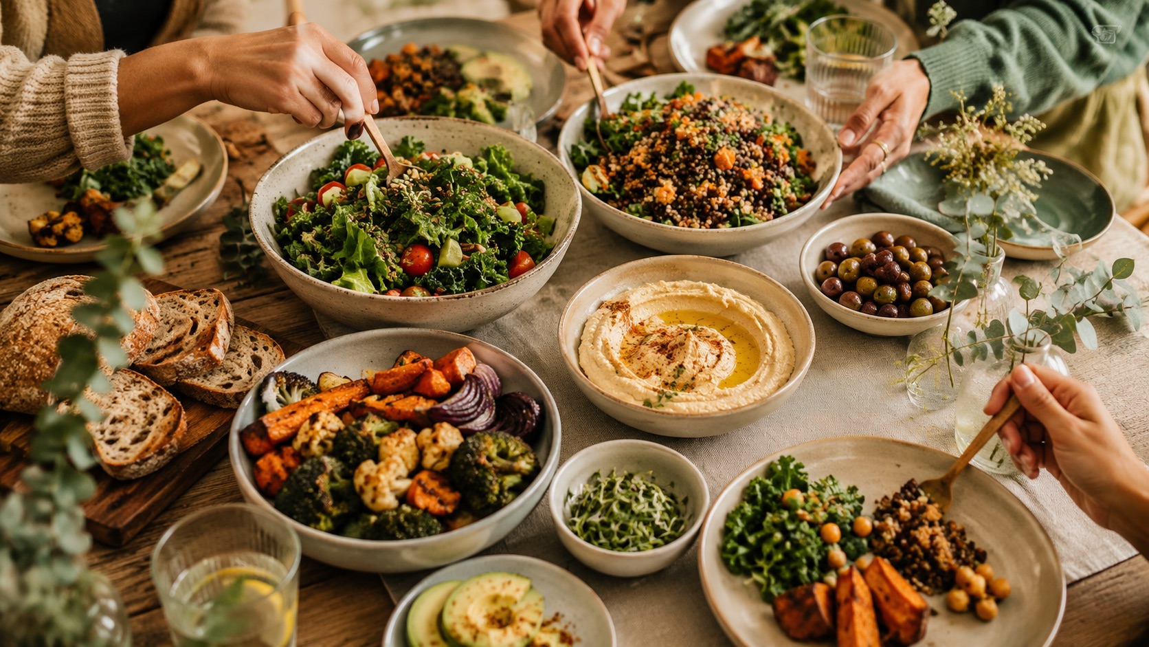 Varias personas comparten en una mesa platos de ensalada, hummus, verduras asadas, aceitunas y pan