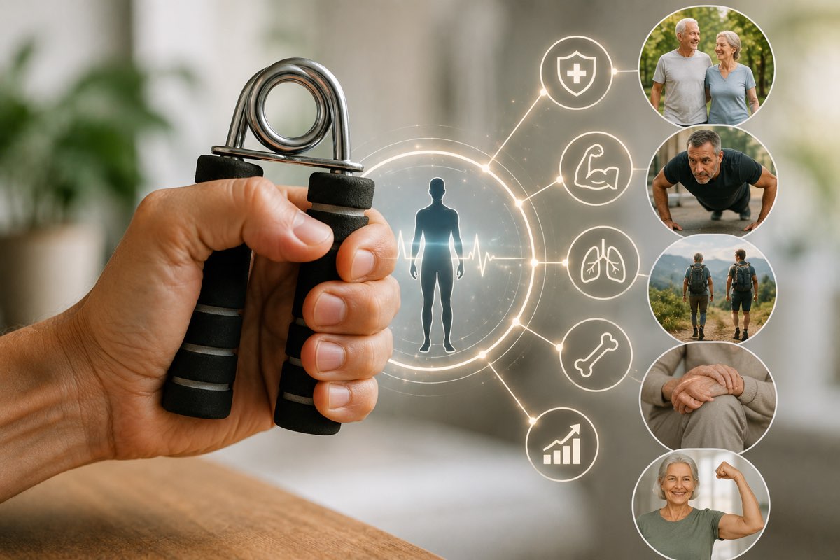 Mano apretando un gripper junto a iconos de salud cardiovascular, muscular, pulmonar y ósea