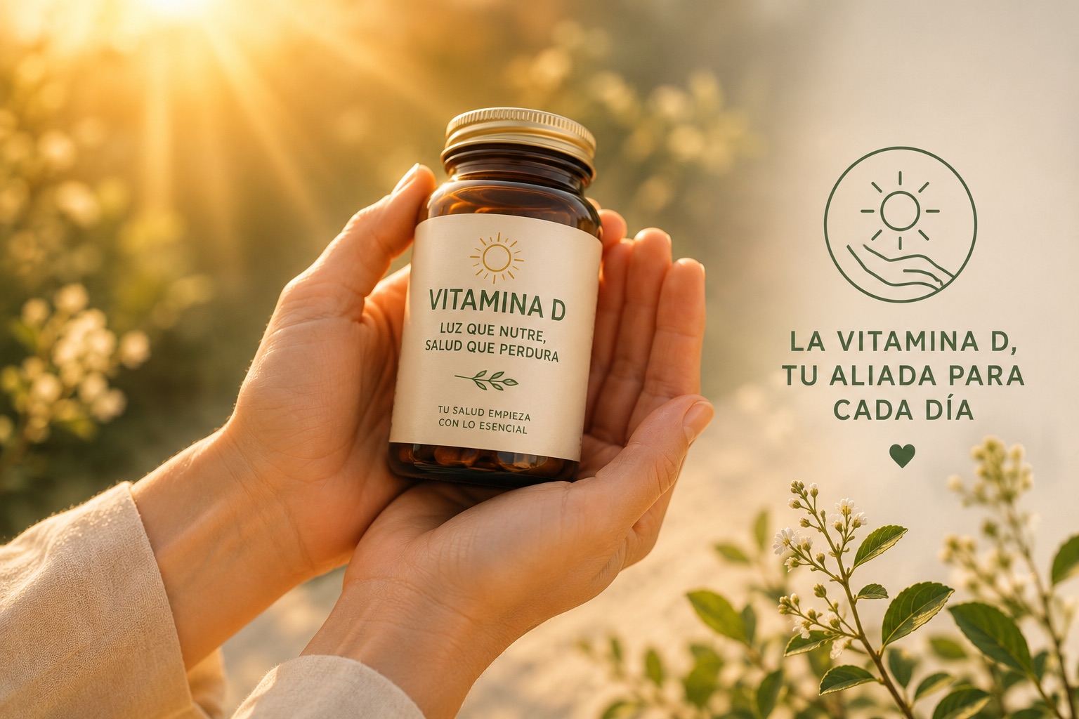 Manos sosteniendo un bote de vitamina D con luz solar de fondo