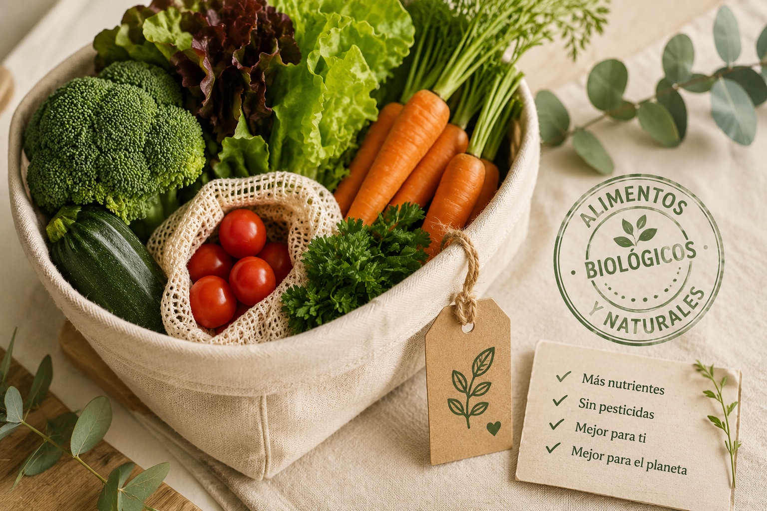 Cesta de verduras ecológicas (lechuga, brócoli, zanahoria, tomate) con sello de alimentos biológicos y naturales