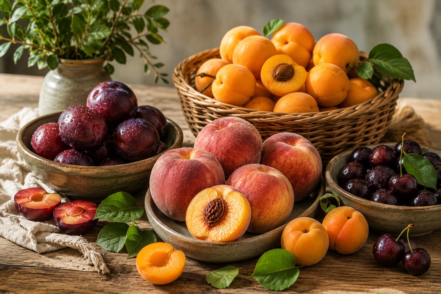 Bodegón de melocotones, albaricoques, ciruelas y cerezas sobre una mesa de madera