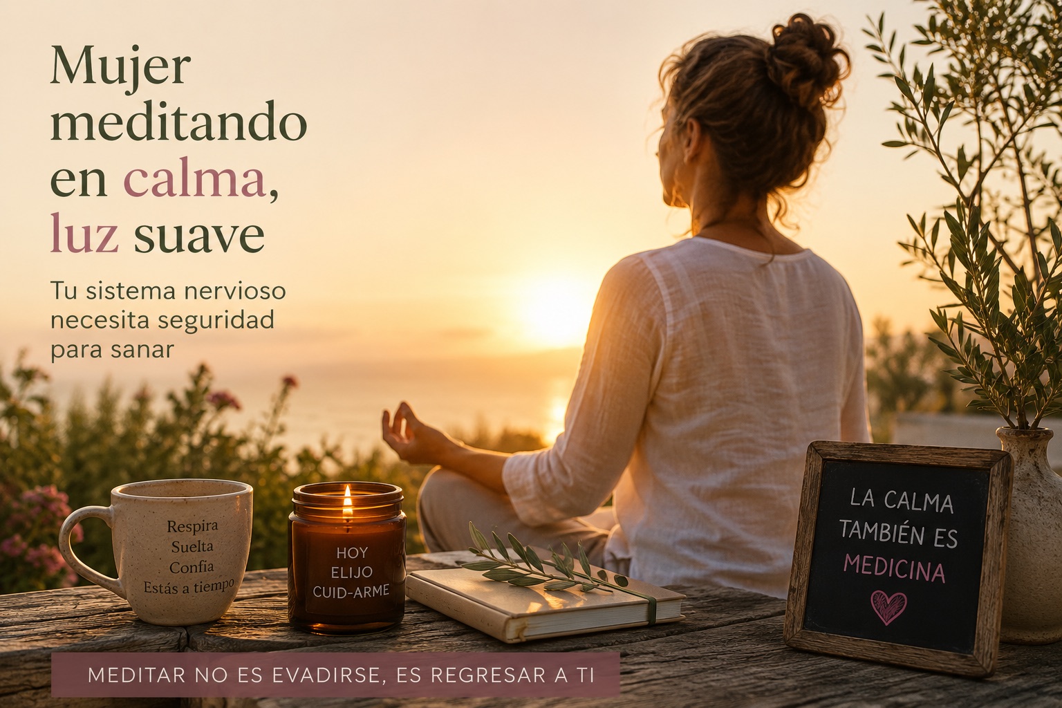Mujer meditando al atardecer junto al mar, con una vela y un cartel: la calma también es medicina