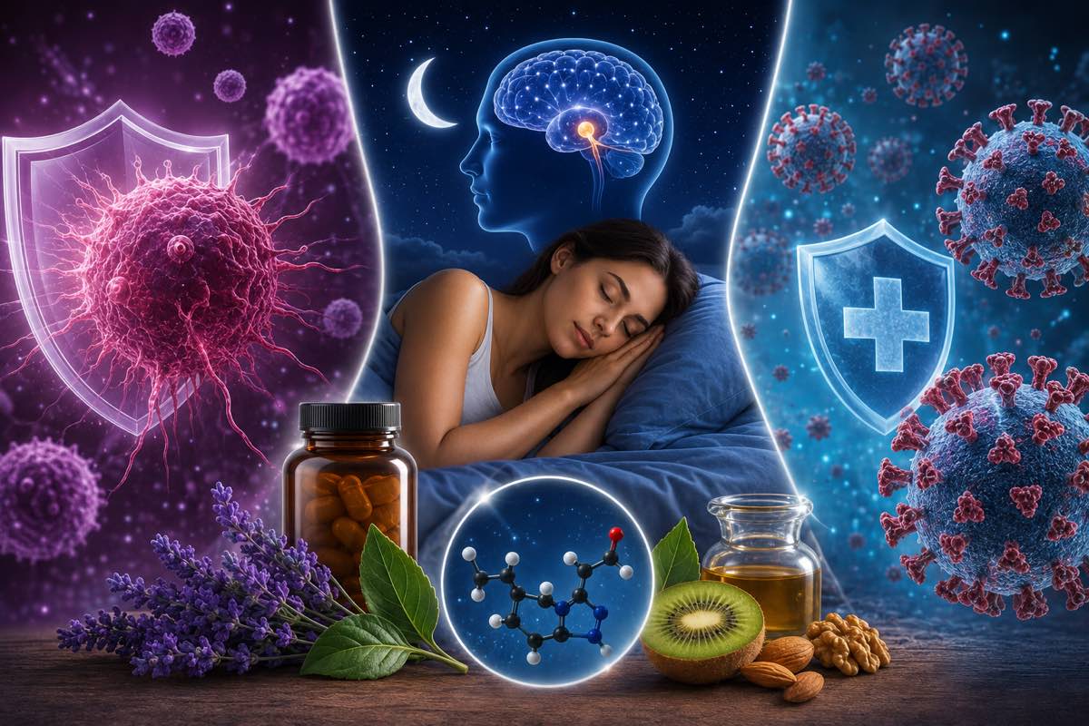 Melatonina y su molécula junto a una mujer durmiendo, células cancerígenas y el virus de la COVID-19