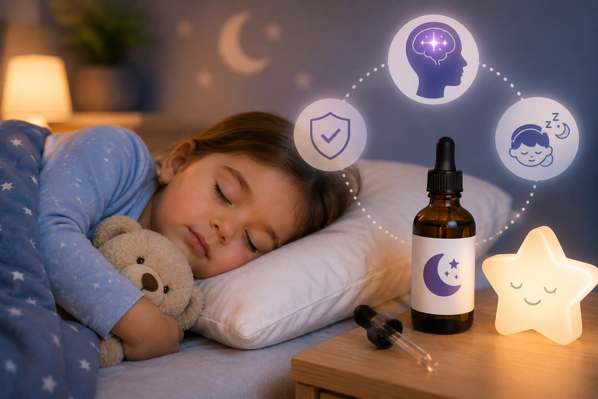 Niña dormida en su cama junto a un frasco de melatonina en gotas e iconos de sueño y seguridad