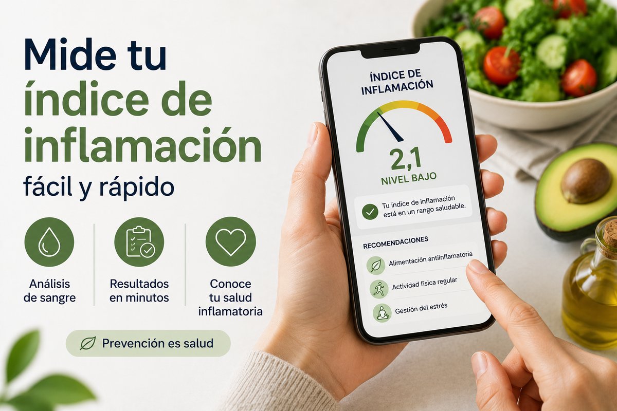 Móvil que muestra un índice de inflamación de 2,1 en nivel bajo, junto a ensalada, aguacate y aceite de oliva