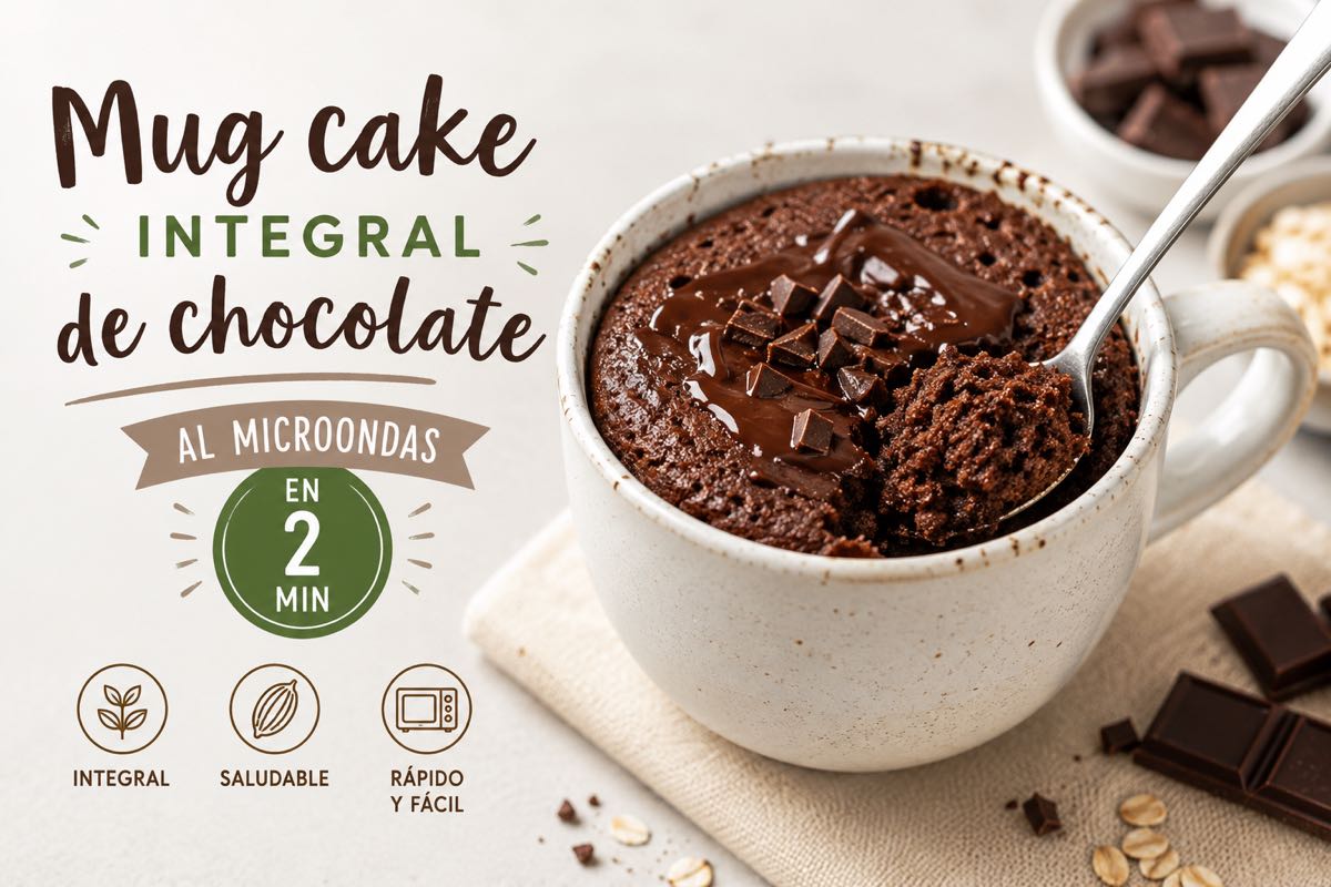 Infografía: mug cake integral de chocolate al microondas en 2 minutos