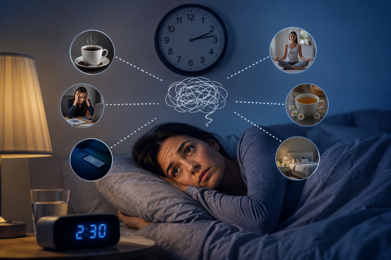 Mujer despierta en la cama a las 2:30 de la madrugada con insomnio; a su alrededor, las causas (café, estrés y pantallas, móvil) y las soluciones (meditación, infusión de manzanilla, dormitorio en calma) del mal sueño.