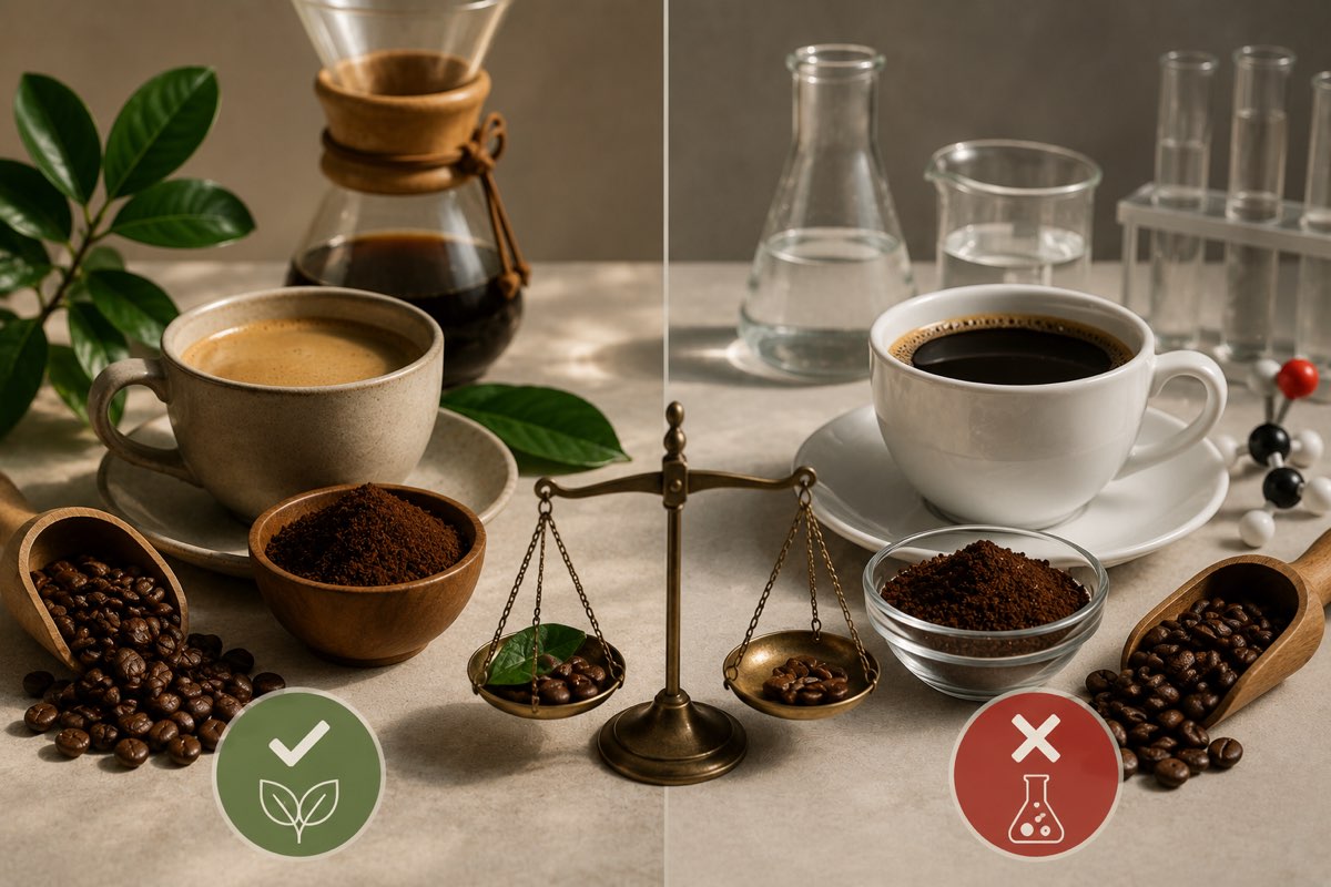 Comparativa de café descafeinado natural al agua frente al descafeinado con disolventes químicos