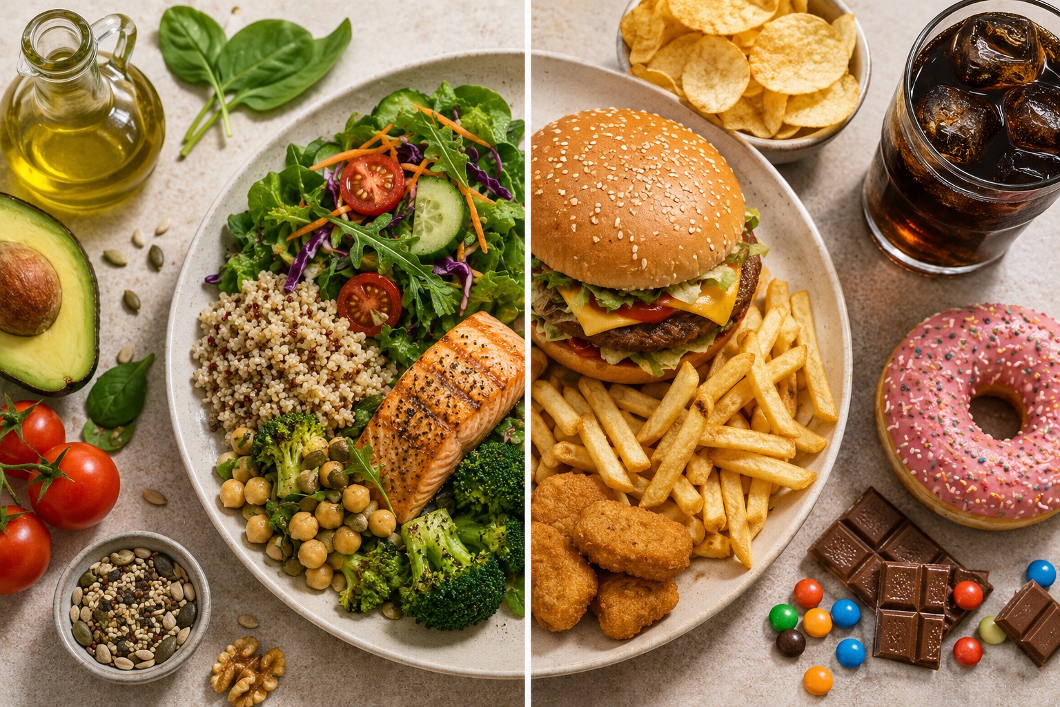 Comparación de un plato de comida real (ensalada, quinoa, salmón) frente a comida basura (hamburguesa, patatas, refresco)
