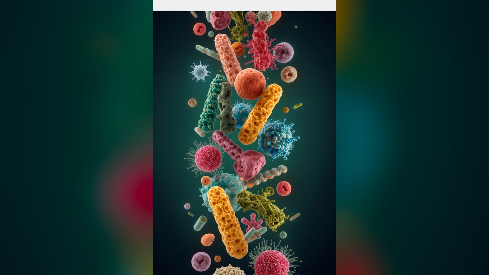Ilustración 3D del microbioma intestinal — bacterias, virus y células coloridas suspendidos sobre fondo verde oscuro