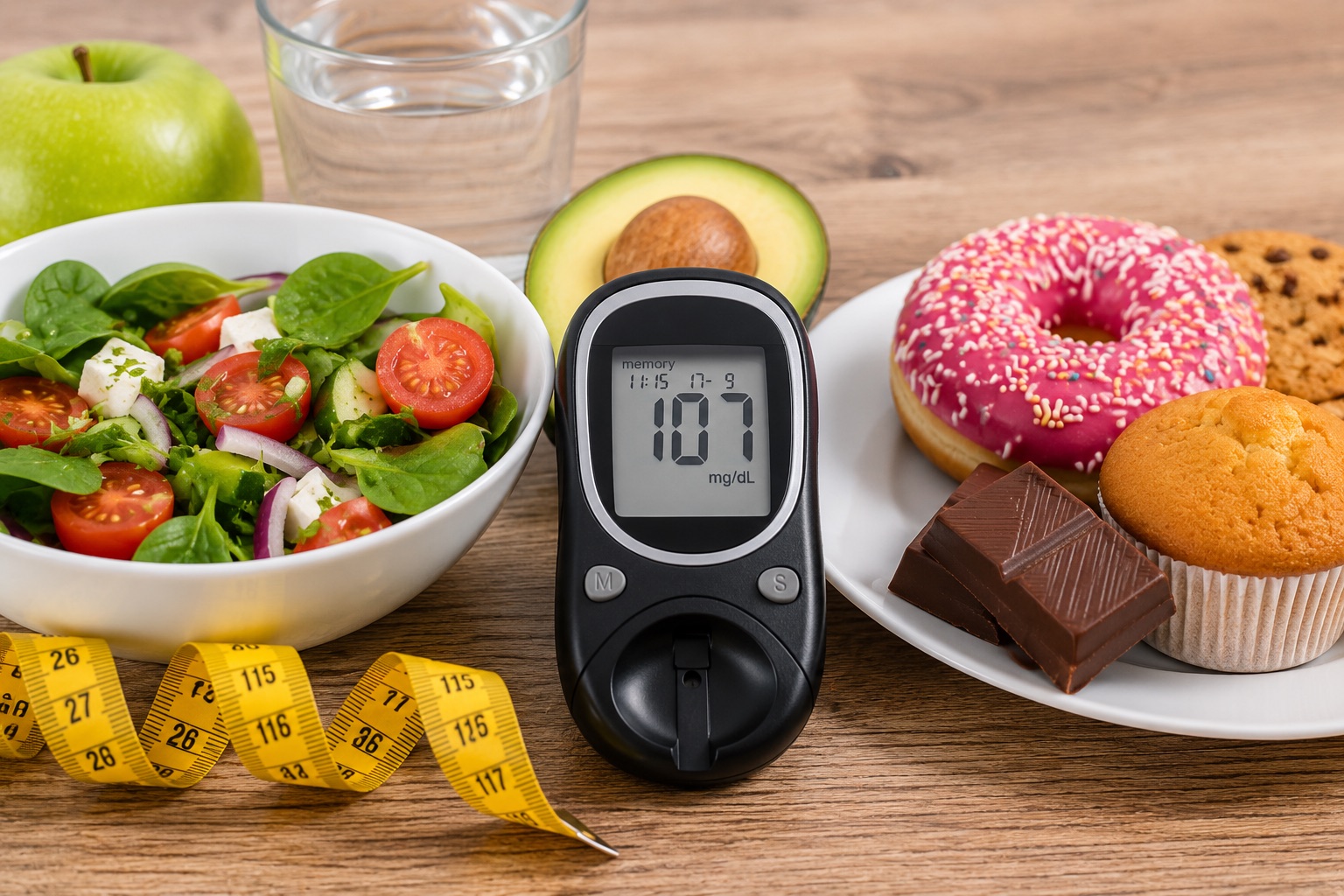 Medidor de glucosa entre comida saludable (ensalada, fruta, aguacate) y dulces (donut, chocolate, magdalena)