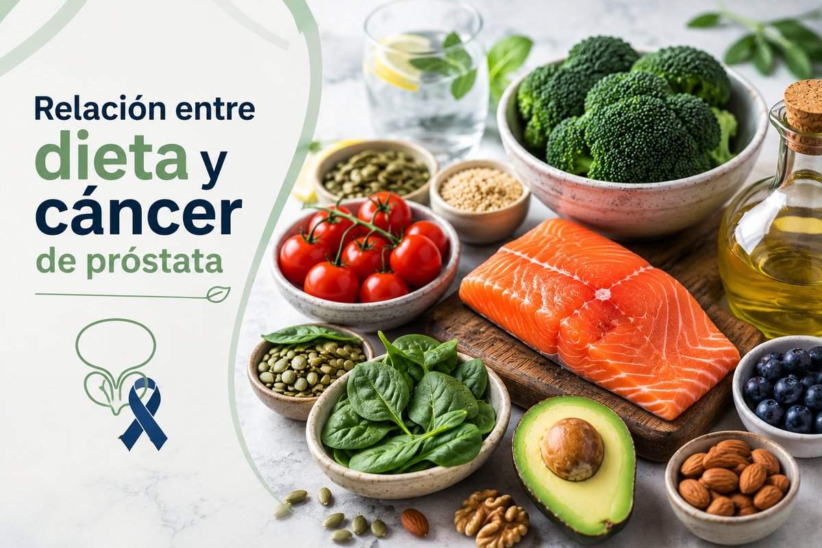 Alimentos asociados a la salud de la próstata — salmón, brócoli, tomate, frutos secos, aceite de oliva y frutos rojos