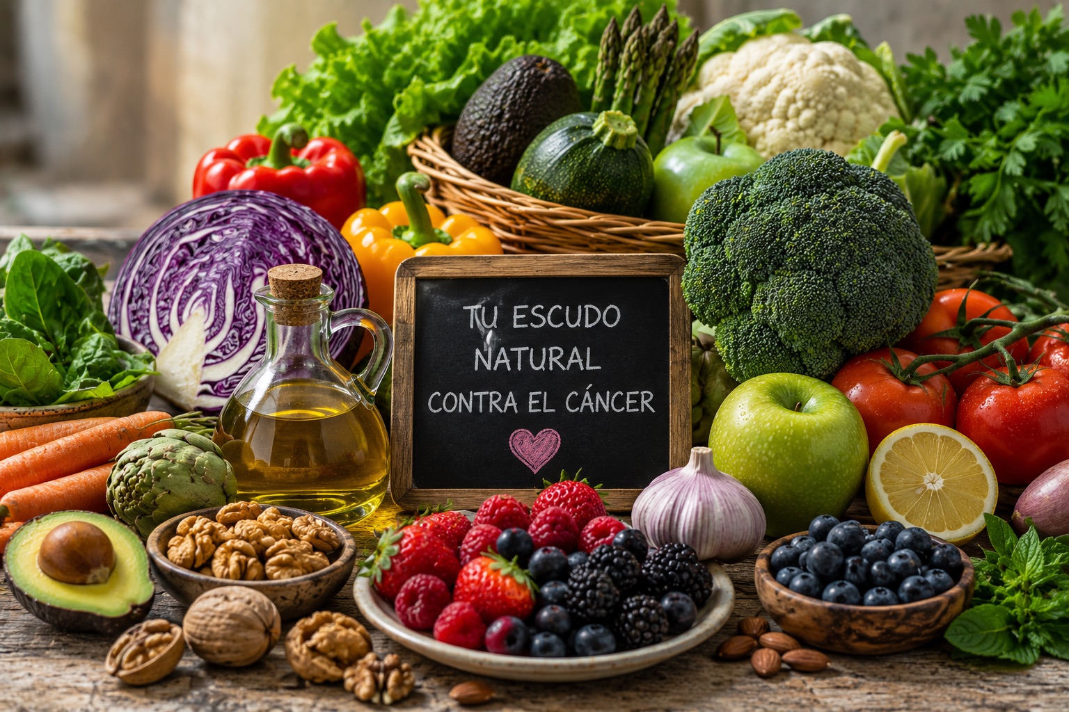 Abundancia de verduras, fruta, frutos secos y aceite de oliva con un cartel: tu escudo natural contra el cáncer
