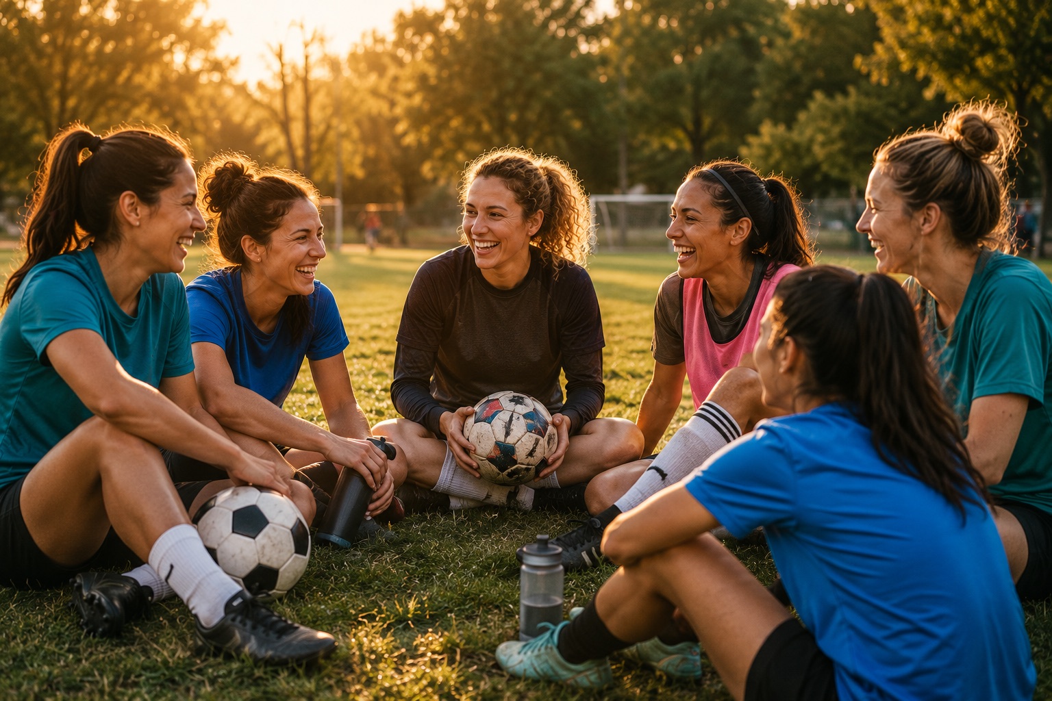Grupo de mujeres sonrientes con balones de fútbol sentadas en el césped al atardecer