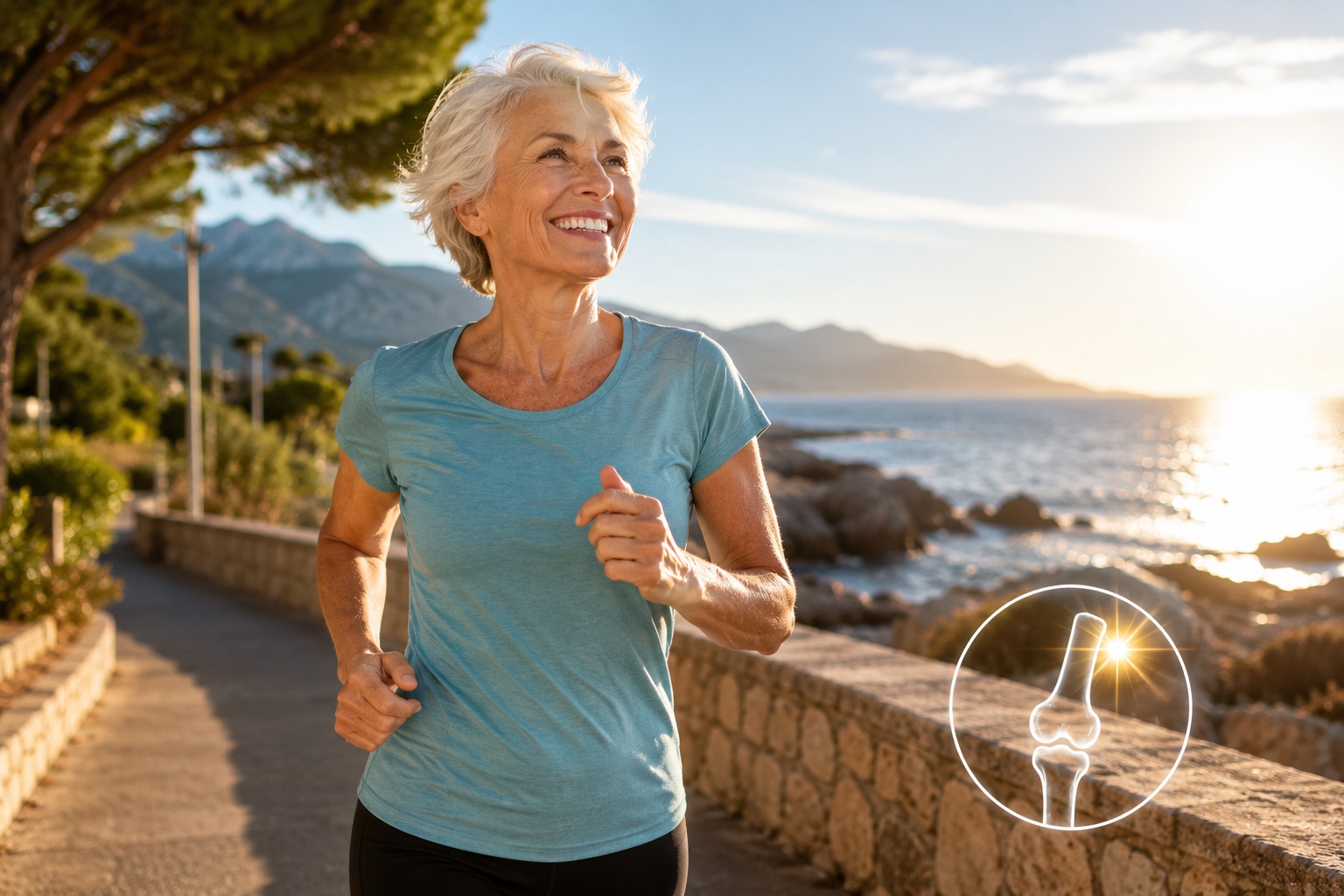 Mujer mayor sonriente corriendo al aire libre junto al mar al amanecer, con un icono de articulación