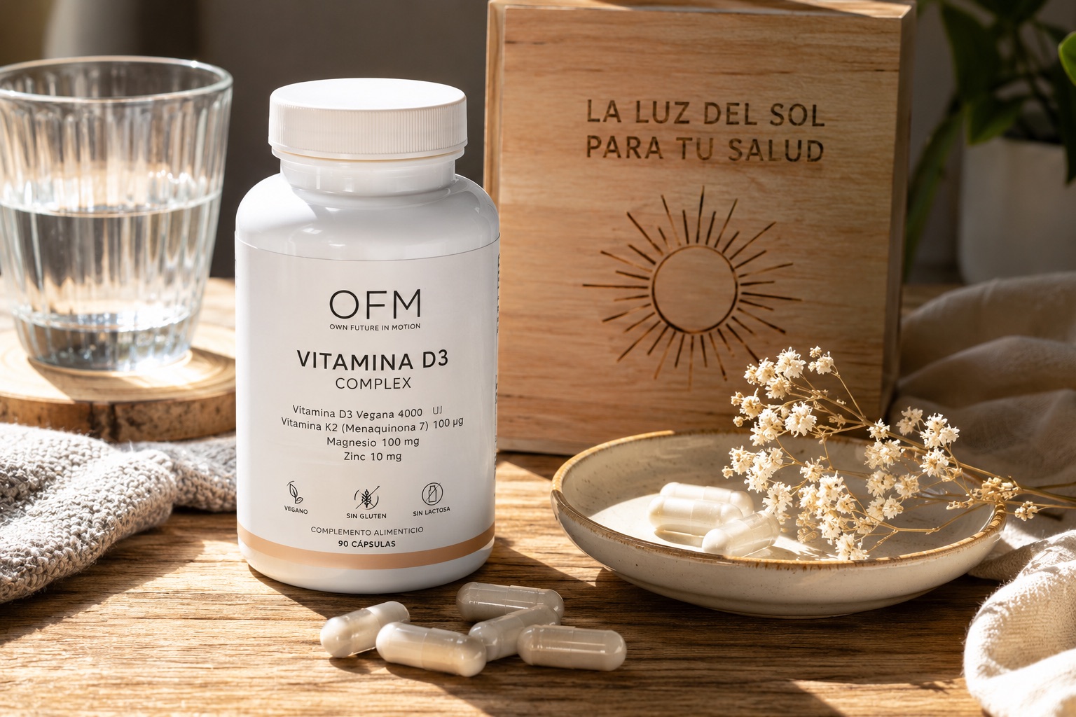 Bote de Vitamina D3 Complex de OFM con cápsulas y una caja con el lema la luz del sol para tu salud