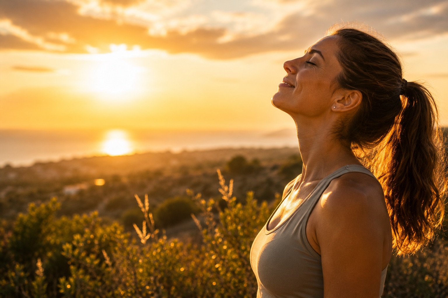 Mujer disfrutando del sol con el rostro hacia el cielo al atardecer, junto al mar